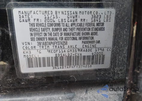 2015 Nissan Sentra Sv z USA, uszkodzony, nr VIN 3N1AB7AP4FY374258